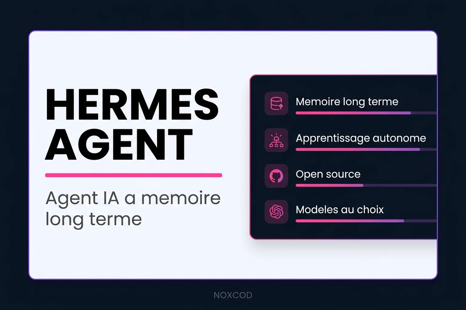 Architecture de Hermes : mémoire long terme, apprentissage autonome, modèles au choix.