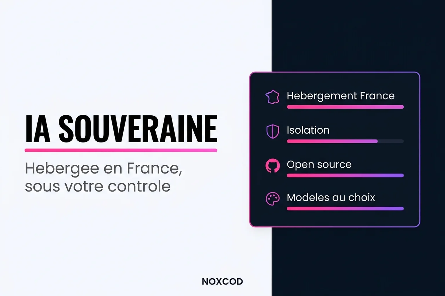 Schéma d'une IA souveraine : données hébergées en France, serveur sécurisé, modèles au choix.