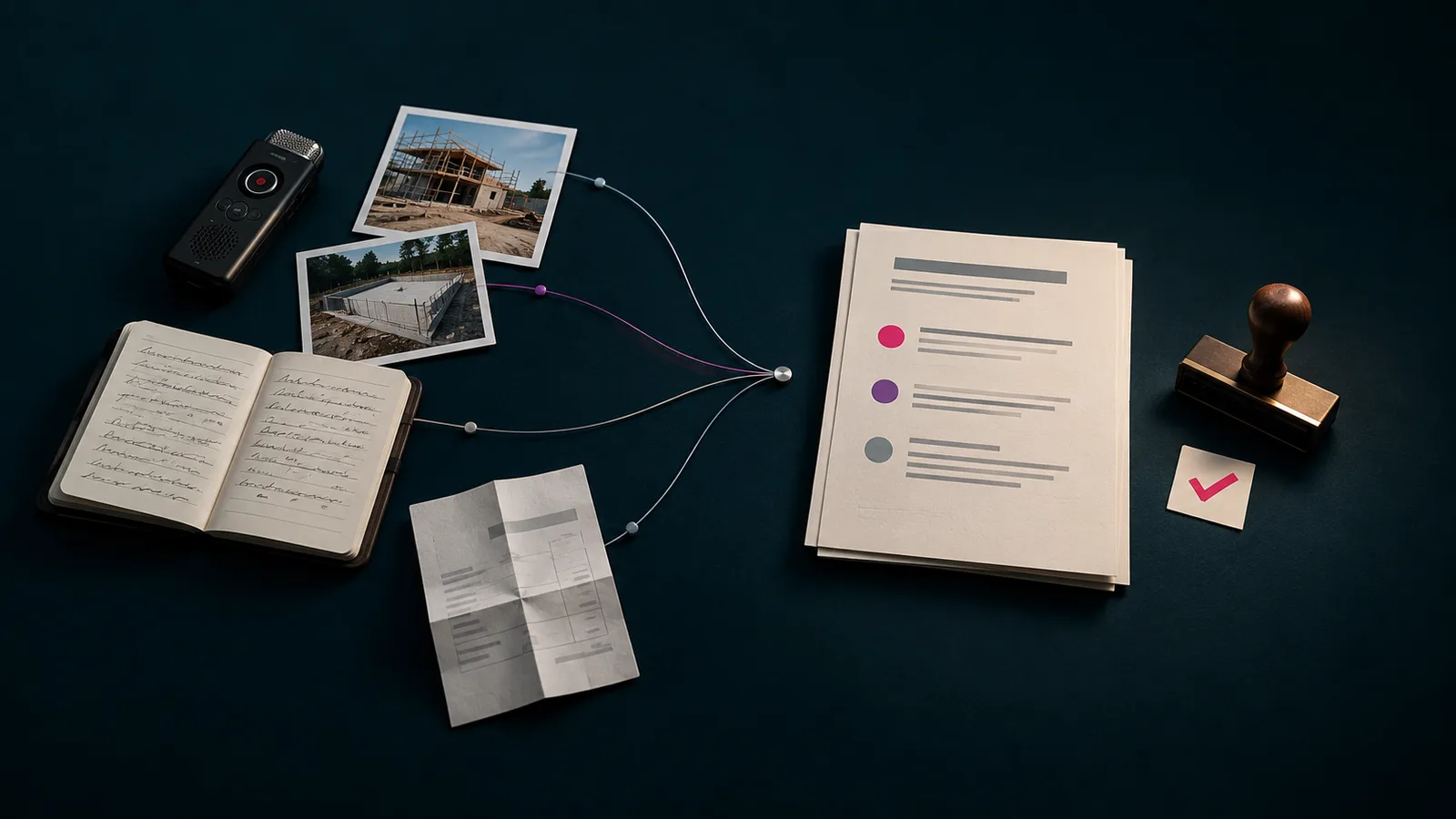 Un enregistreur audio, des photos de chantier, un carnet de notes et une facture reliés à un rapport unique, posé à côté d'un tampon de validation