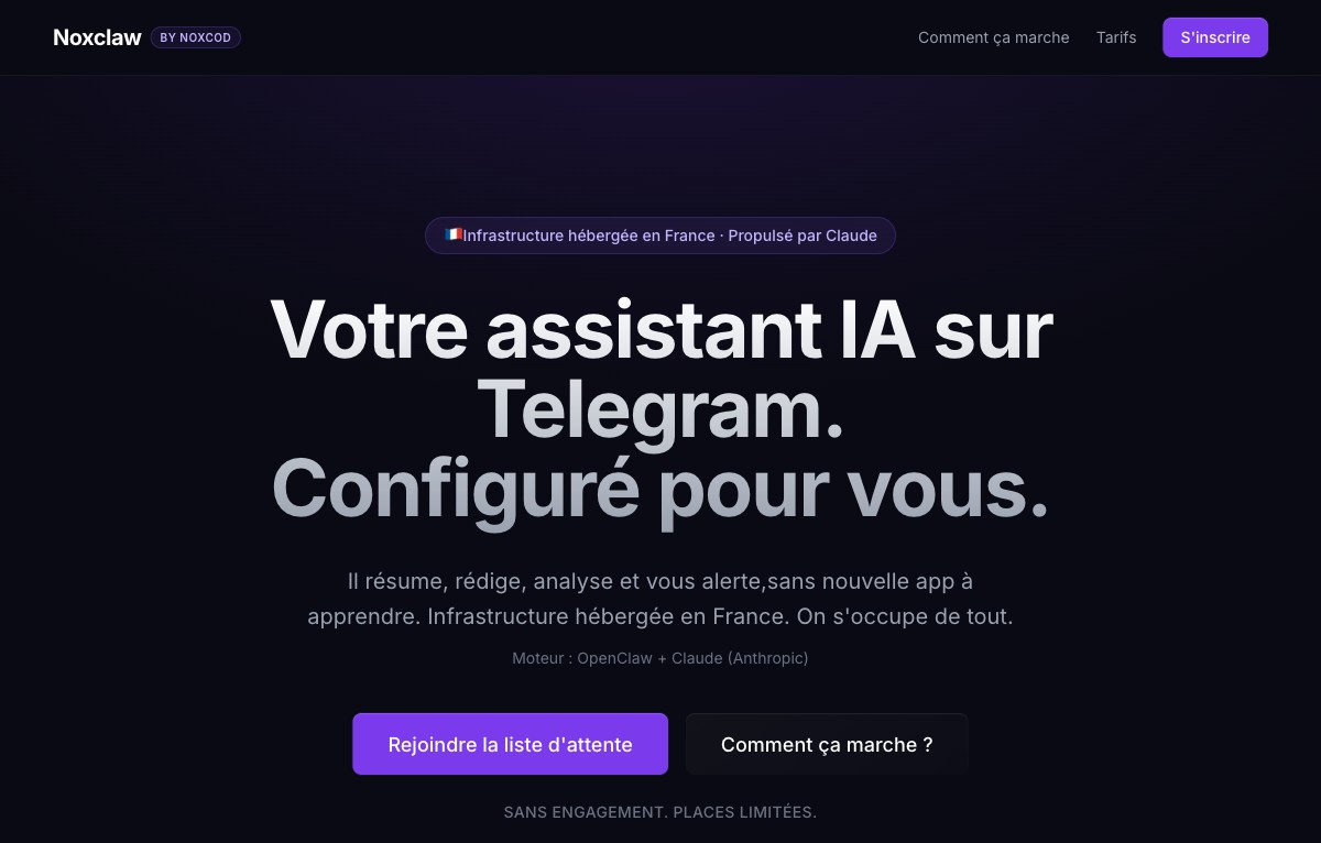 NoxClaw — Assistant IA sur Telegram, hébergé en France