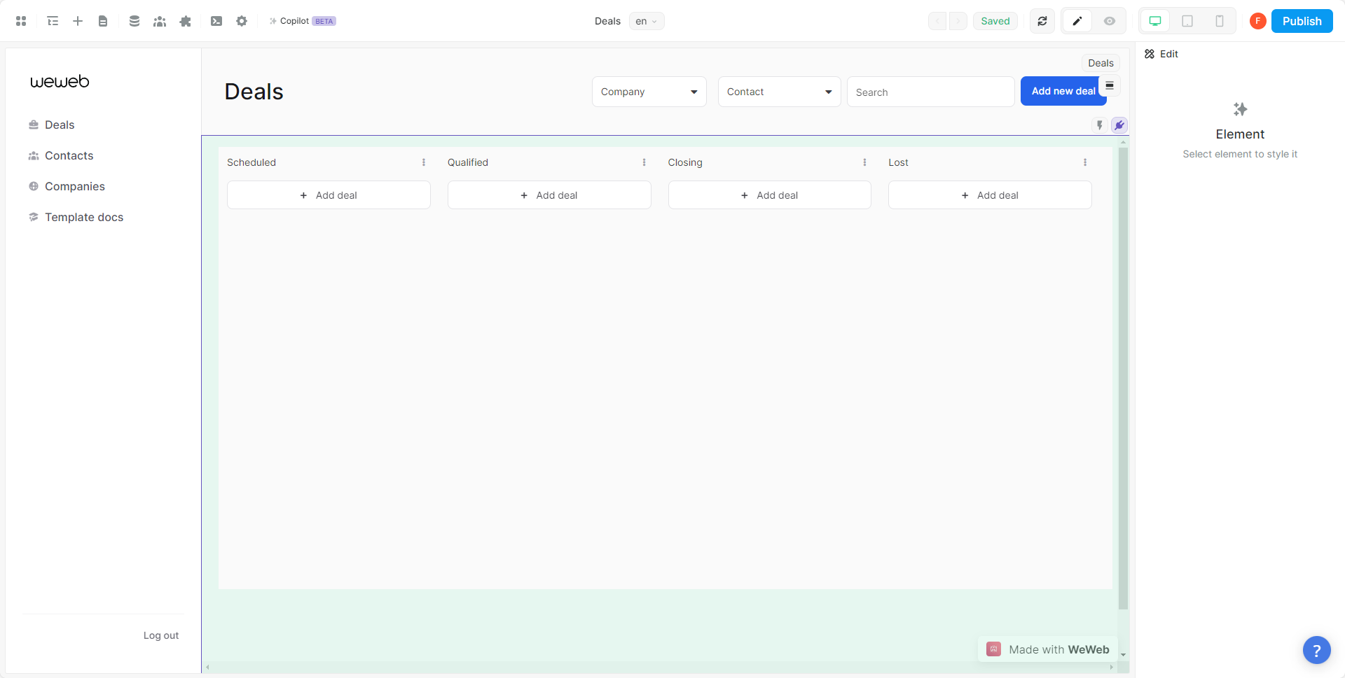 Dashboard WeWeb éditeur visuel